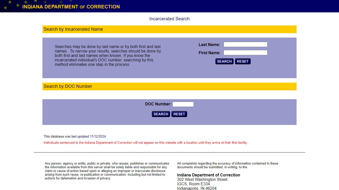 Indiana Incarcerated Database Search - IN.gov